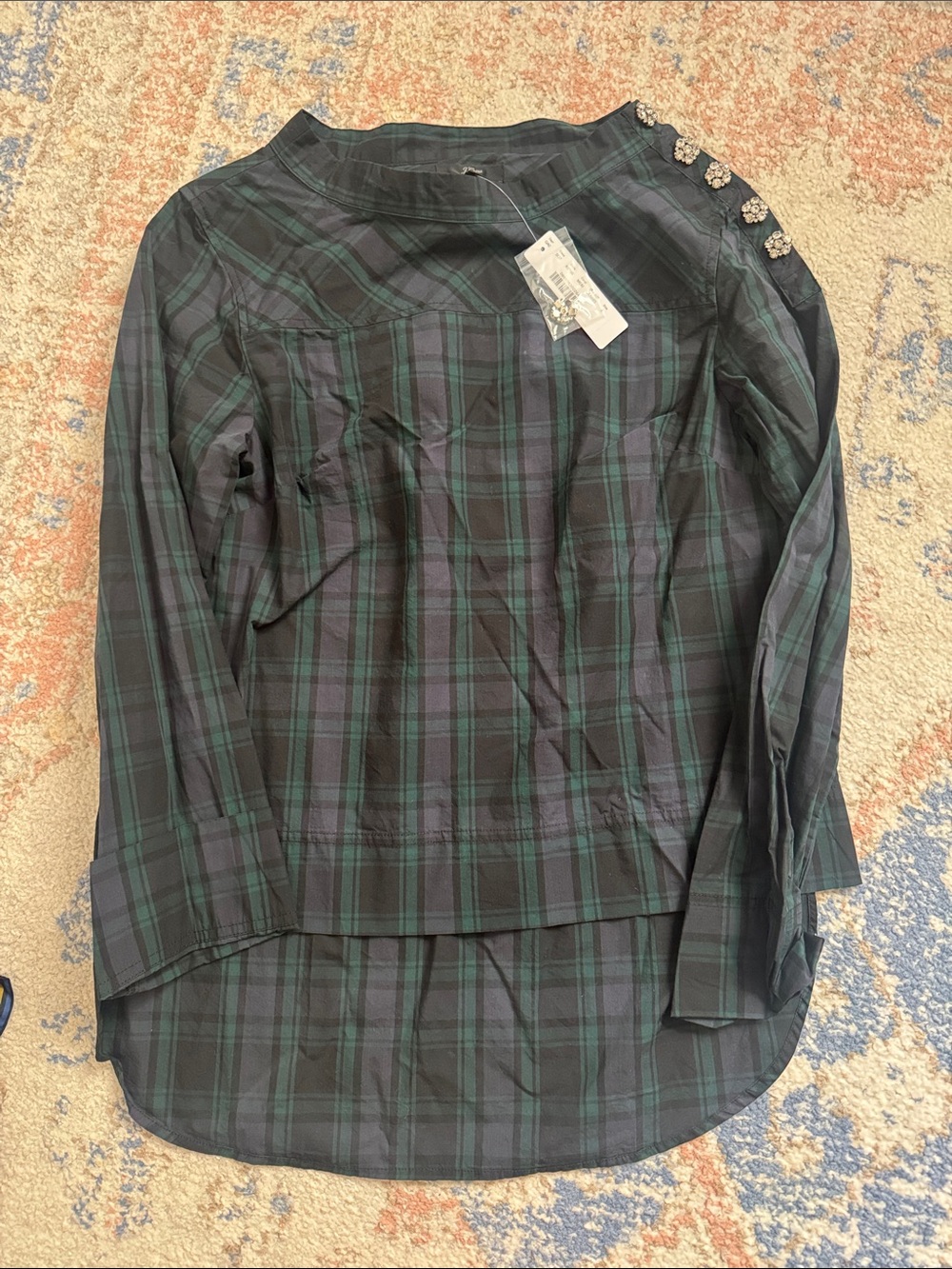 J. Crew Black and Green Plaid Button-Shoulder Shirt